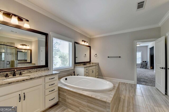 full bathroom with visible vents, ornamental molding, a sink, a shower stall, and a bath