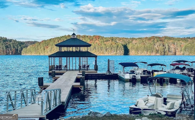 dock area featuring a forest view and a water view