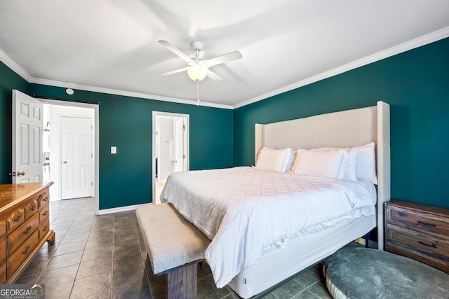 bedroom with baseboards, crown molding, a ceiling fan, and dark tile patterned flooring