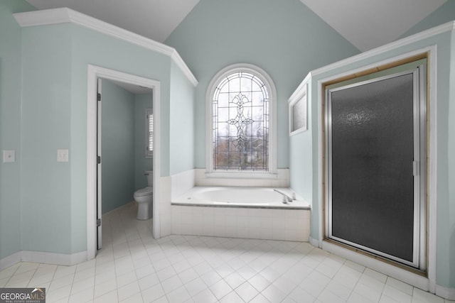 full bath with baseboards, vaulted ceiling, a garden tub, toilet, and tile patterned floors