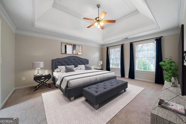 bedroom featuring a tray ceiling, baseboards, and light carpet