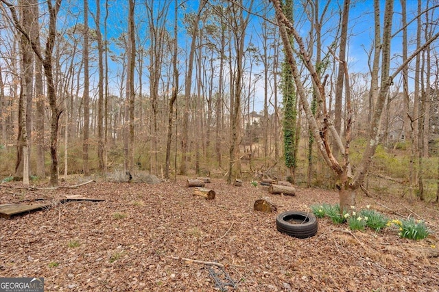 view of yard with a forest view