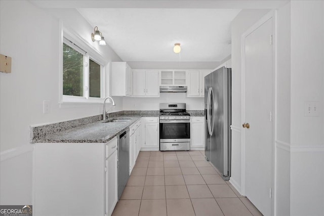 kitchen featuring a sink, appliances with stainless steel finishes, white cabinets, and under cabinet range hood