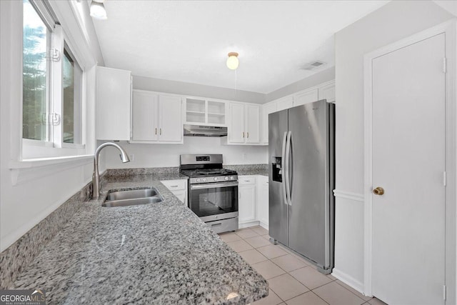 kitchen featuring light stone counters, a sink, stainless steel appliances, white cabinets, and under cabinet range hood