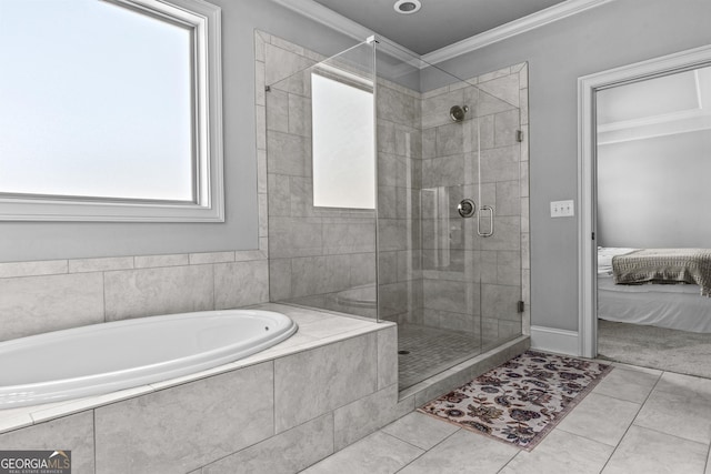 ensuite bathroom with tile patterned flooring, a garden tub, ornamental molding, a stall shower, and ensuite bath