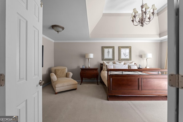 bedroom with crown molding, an inviting chandelier, and dark colored carpet