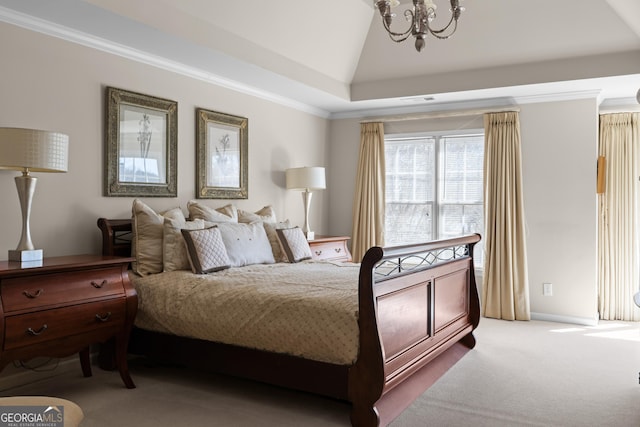 bedroom featuring baseboards, lofted ceiling, ornamental molding, light carpet, and a notable chandelier