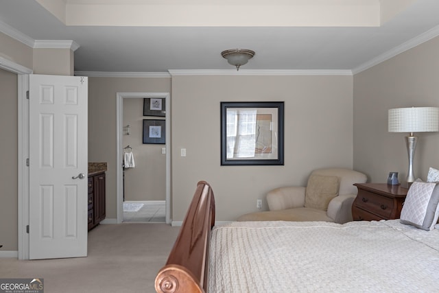 bedroom featuring baseboards, light carpet, and ornamental molding