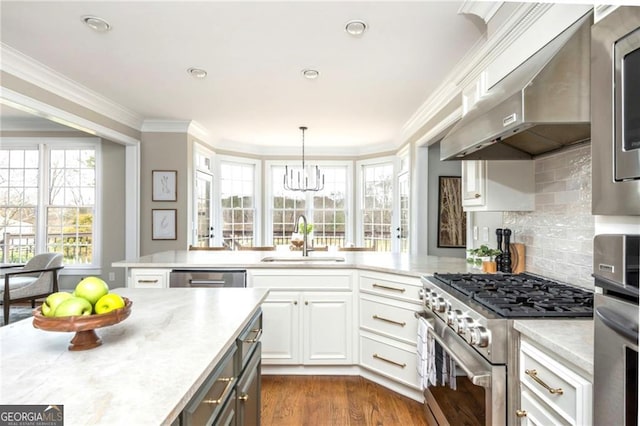 kitchen featuring a sink, appliances with stainless steel finishes, light countertops, and exhaust hood