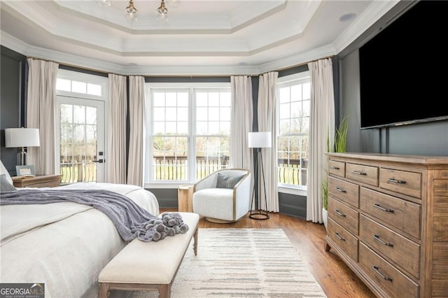 bedroom featuring a raised ceiling, crown molding, and light wood finished floors