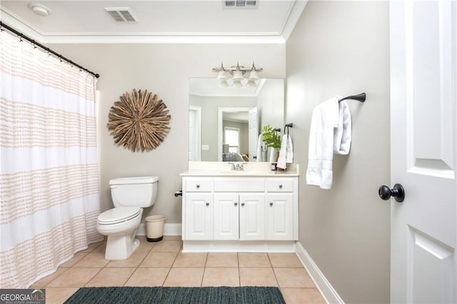 bathroom featuring baseboards, visible vents, tile patterned flooring, crown molding, and toilet