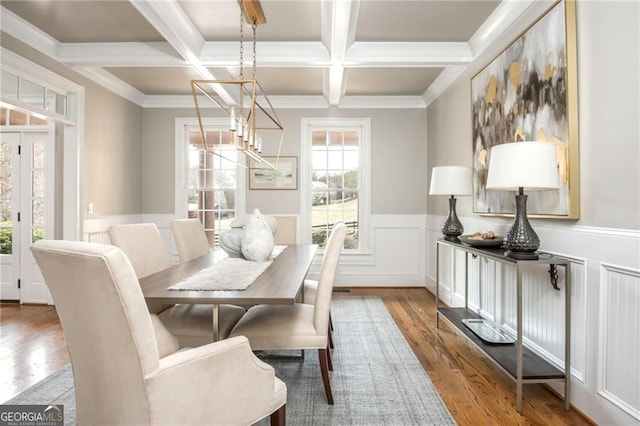 dining space featuring beamed ceiling, wainscoting, wood finished floors, a notable chandelier, and coffered ceiling