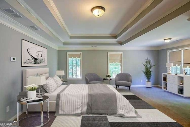 carpeted bedroom with visible vents, baseboards, crown molding, and a tray ceiling