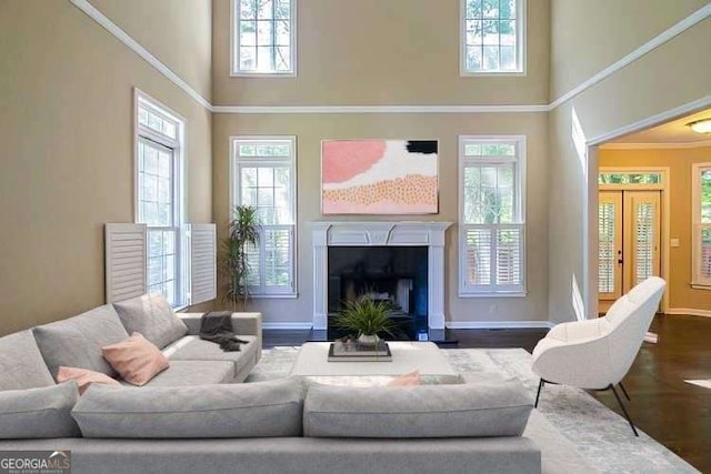 living room with a high ceiling, a healthy amount of sunlight, wood finished floors, and a fireplace