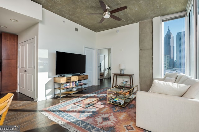 860 Peachtree St Unit 1418, Atlanta, GA 30308 - living area with ceiling fan, visible vents, and wood finished floors