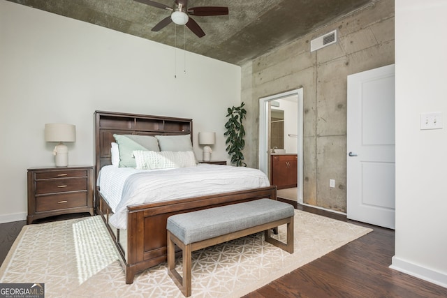 860 Peachtree St Unit 1418, Atlanta, GA 30308 - bedroom featuring a towering ceiling, visible vents, wood finished floors, baseboards, and ensuite bath