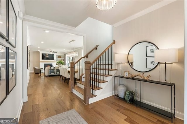 stairway with an inviting chandelier, crown molding, a lit fireplace, and wood finished floors