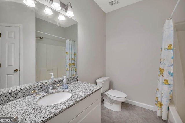 full bathroom featuring visible vents, curtained shower, toilet, tile patterned floors, and vanity