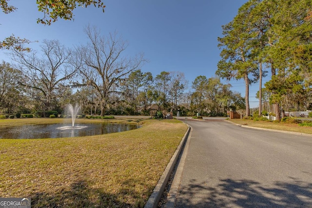 view of street featuring curbs and a water view