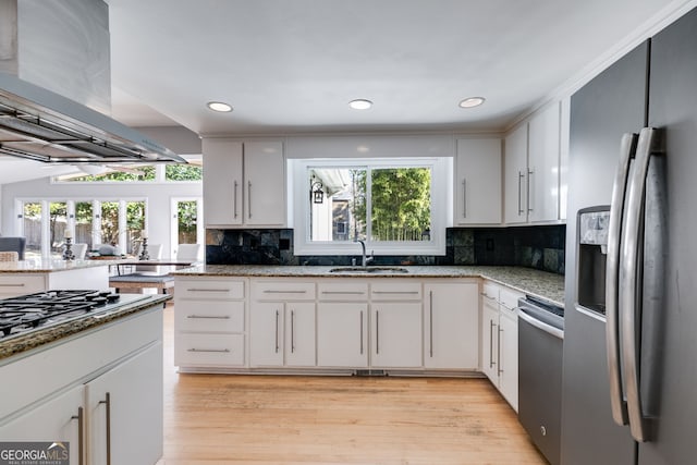 kitchen with a wealth of natural light, ventilation hood, appliances with stainless steel finishes, and a sink