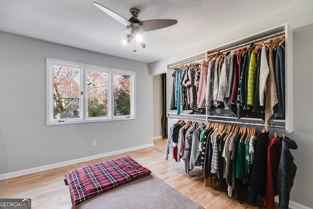 spacious closet with wood finished floors and ceiling fan