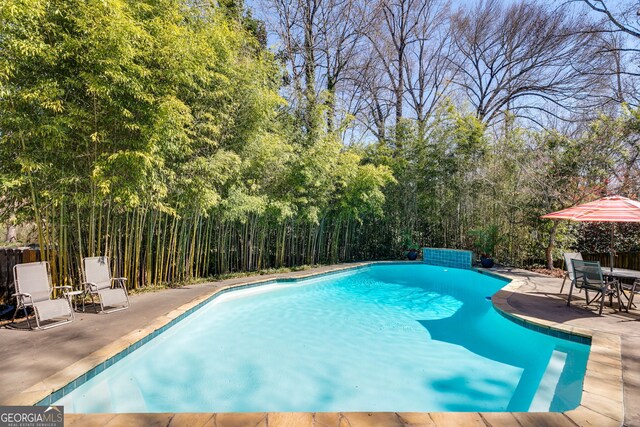 view of swimming pool with a fenced in pool and a patio area