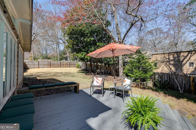 wooden deck featuring a yard and a fenced backyard