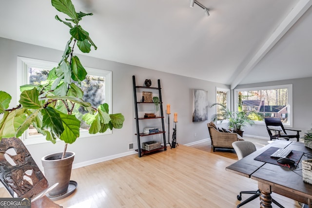 office with baseboards, lofted ceiling, wood finished floors, and rail lighting