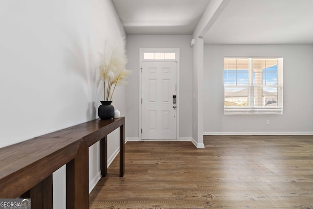 foyer entrance with baseboards and wood finished floors