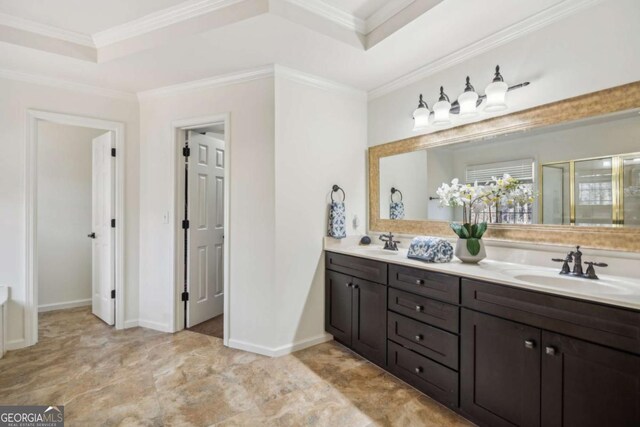 bathroom featuring a raised ceiling, ornamental molding, and a sink