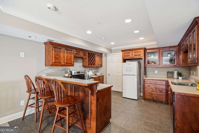 kitchen featuring ornamental molding, a peninsula, freestanding refrigerator, electric stove, and a sink