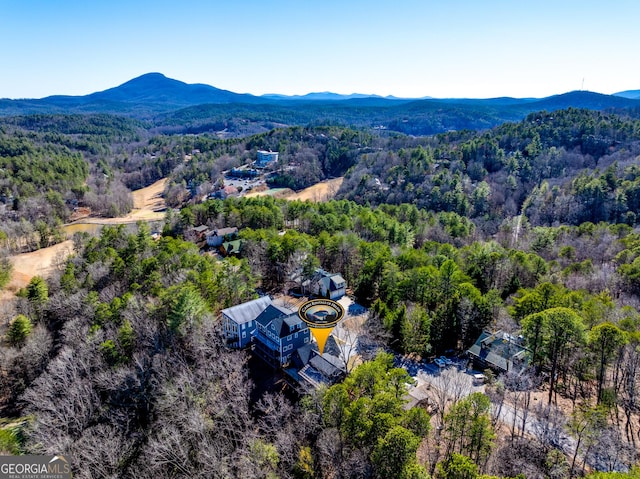 aerial view featuring a view of trees and a mountain view