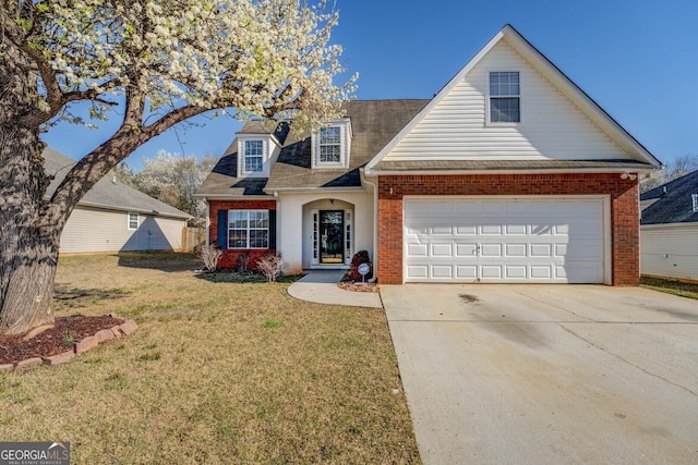 view of front of house featuring a front yard, brick siding, driveway, and a shingled roof