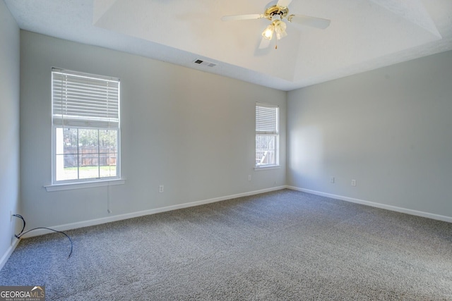 spare room with carpet flooring, a healthy amount of sunlight, visible vents, and a tray ceiling