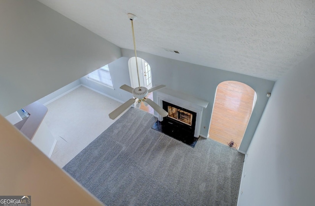 room details with baseboards, carpet, visible vents, and a textured ceiling