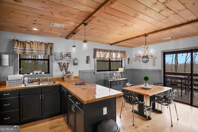 kitchen featuring a sink, light wood-style floors, wooden ceiling, wainscoting, and dark cabinets