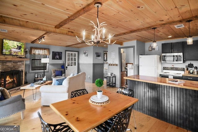 dining room featuring visible vents, wood ceiling, beamed ceiling, and a fireplace