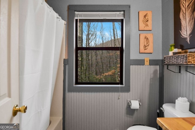 bathroom with a wainscoted wall, toilet, and vanity