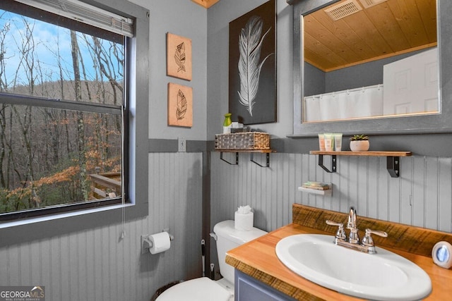 bathroom featuring wood ceiling, visible vents, toilet, and vanity