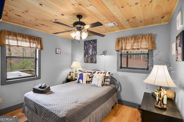 bedroom with visible vents, wood finished floors, wooden ceiling, and a ceiling fan