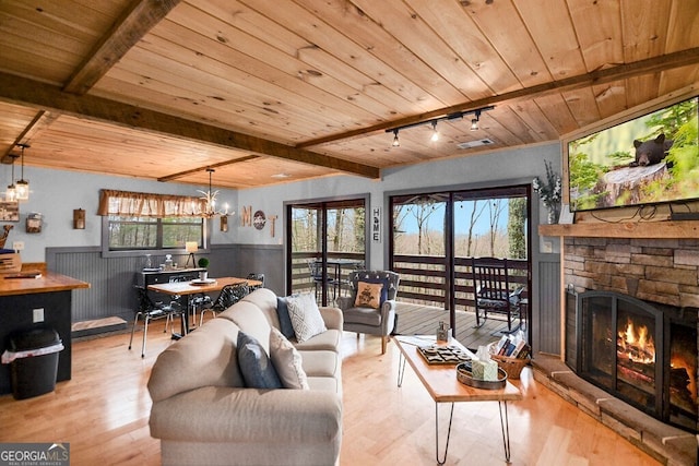 living area with a fireplace, wood finished floors, wood ceiling, and wainscoting