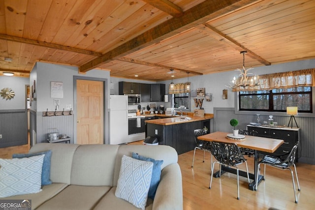 interior space featuring beamed ceiling, wainscoting, wood ceiling, and light wood-type flooring