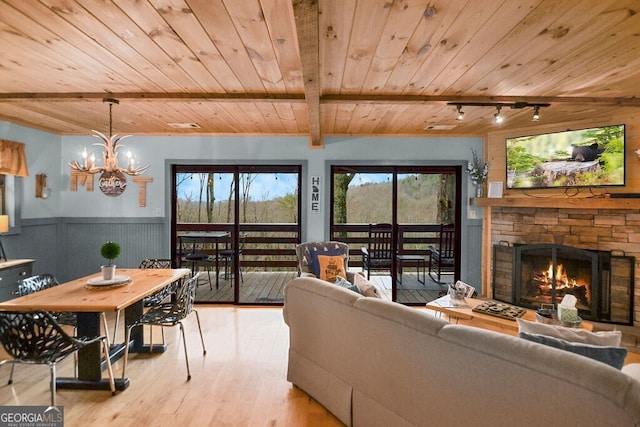 living area featuring a stone fireplace, track lighting, wood ceiling, light wood-style floors, and wainscoting