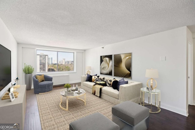 living room featuring baseboards, a textured ceiling, and wood finished floors