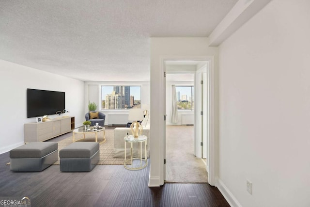 living area with baseboards, a textured ceiling, and dark wood finished floors