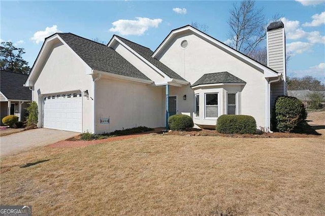 ranch-style house featuring driveway, a chimney, stucco siding, a front lawn, and a garage