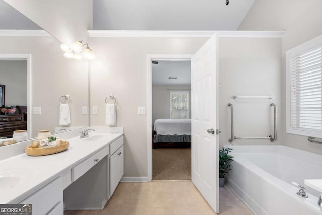 full bathroom with visible vents, a garden tub, a sink, connected bathroom, and double vanity