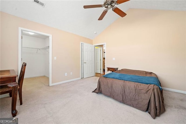 carpeted bedroom featuring visible vents, ceiling fan, high vaulted ceiling, and baseboards