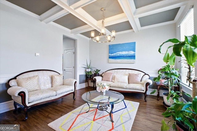 living area featuring beam ceiling, a notable chandelier, coffered ceiling, and wood finished floors