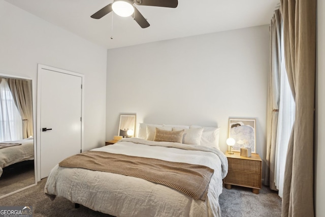 bedroom featuring carpet floors and ceiling fan